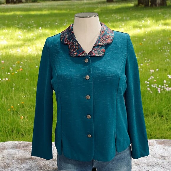 Vintage Teal Blazer Paisley Collar Button Front Jacket Cottagecore 18WP - Picture 1 of 8